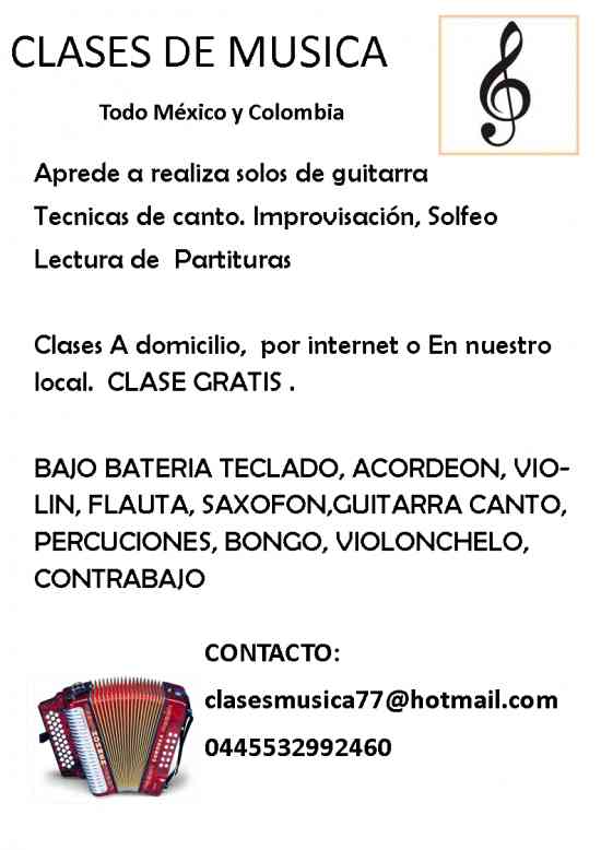 CLASES DE GUITARRA ACORDEON BAJO ELECTRICO VIHUELA VIOLIN SAXOFON FLAUTA,  Coyoacán - Doplim - 154229